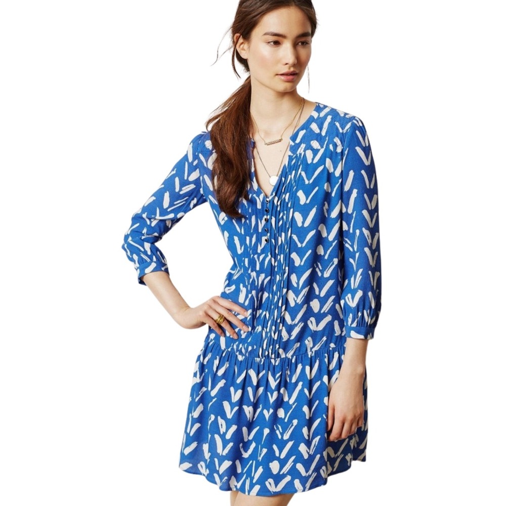 Anthropologie Maeve Dress Womens Small‎ Blue Caravane Drop Waist Geometric Boho